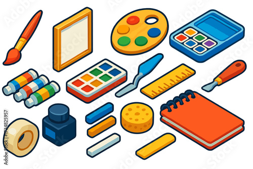 Creative Art Tools. Isometric vector illustration set Creative Tools: round brush, stretched canvas, oval palette, oil paints,