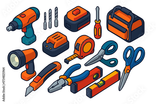 Household Power Tools Icons. Isometric vector illustration set Household Power Tools: mini drill, small drill bits,