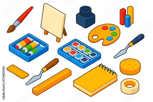 Creative Art Tools. Isometric vector illustration set Creative Tools: round brush, stretched canvas, oval palette, oil paints,