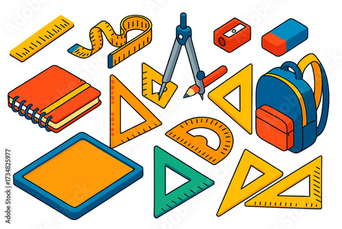 Bold School Tools. Isometric vector illustration set School Measuring Set: plastic ruler, soft tape measure, mini level, math