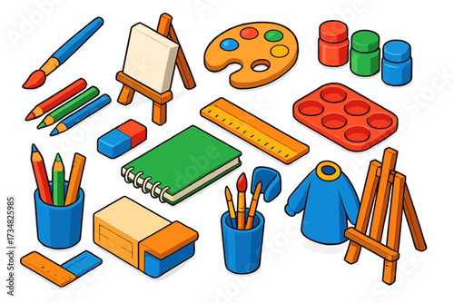 Isometric Art Supplies. Isometric vector illustration set Beginner Painter: small brush, mini canvas, student palette, paint pots,