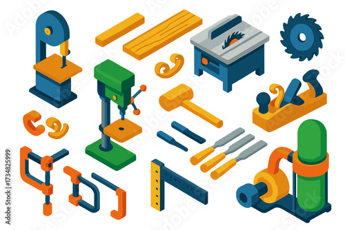 Timber Workshop Tools. Isometric vector illustration set Timber Workshop: band saw, long wood plank, table saw, saw blade,