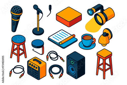 Open Mic Essentials. Isometric vector illustration set Open Mic Night: classic mic, portable stand, small stage, spotlight, guitar