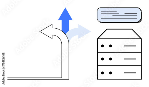 Upward and forward arrows represent progress in data transfer, next to a server icon and a dialog box. Ideal for technology, IT infrastructure, network management, cloud computing, data optimization