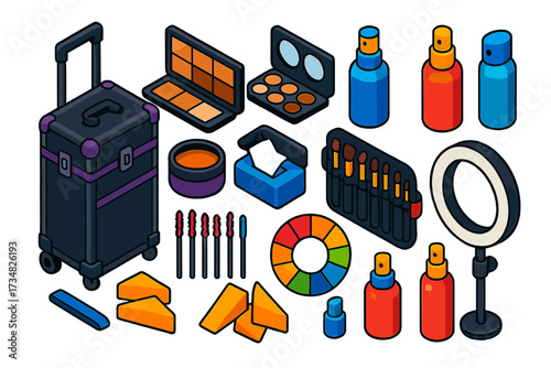 Makeup Artist Toolkit. Isometric vector illustration set Makeup Artist Kit: rolling case, foundation palette, concealer palette,