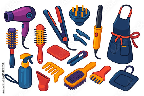 Professional Hair Styling Tools. Isometric vector illustration set Professional Hair Styling: ionic hair dryer, ceramic