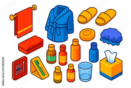 Colorful Bathroom Essentials. Isometric vector illustration set Hotel Bathroom: hanging towel, folded robe, room slippers, vanity