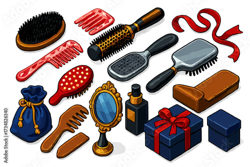 Luxury Hair Tools. Isometric vector illustration set Luxury Hair Brushes: boar bristle brush, crystal handle comb, gold-trimmed