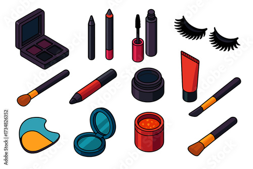 Smokey Eye Essentials. Isometric vector illustration set Smokey Eye Collection: dark palette, kohl liner, volumizing mascara,