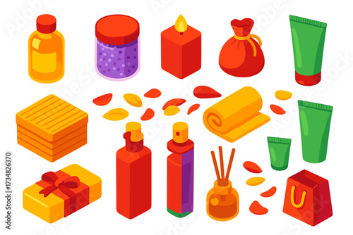 Vibrant Spa Gift Set. Isometric vector illustration set Spa Gift Set: massage oil, bath salt jar, candle, silk pouch, spa towel,