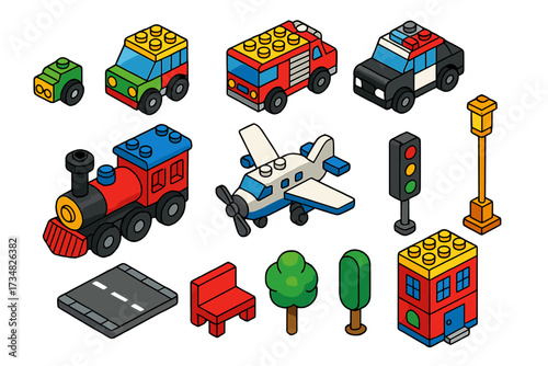 Isometric Toy City. Isometric vector illustration set City Block Toys: car build, bus build, firetruck, police car, train engine,