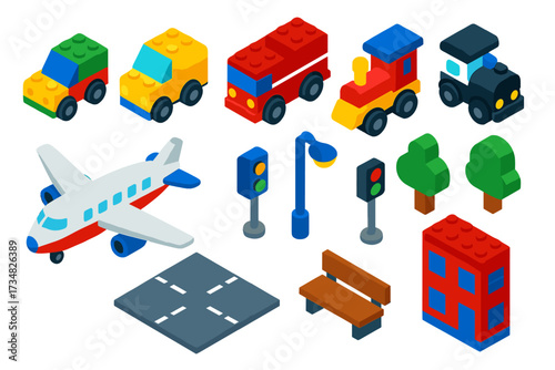 Isometric Toy City. Isometric vector illustration set City Block Toys: car build, bus build, firetruck, police car, train engine,