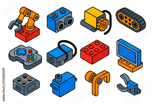 Robotics Kit Elements. Isometric vector illustration set Robotics Brick Kit: robot arm, sensor piece, motor gear, track wheel,