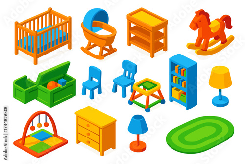 Colorful Nursery Icons. Isometric vector illustration set Nursery Furniture: crib, baby cradle, changing table, rocking horse, toy