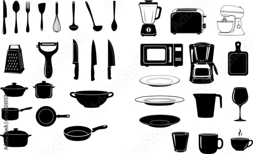 A large vector icon set of kitchen utensils, cookware, and appliances in black silhouette, including a blender, coffee maker, pots, pans, and cutlery.