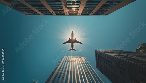 Low-angle shot of a plane flying above skyscrapers, sunlight creating a starburst effect