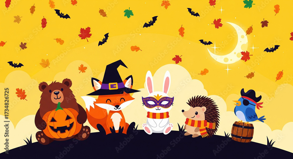 Obraz premium Cute Halloween Animals Celebrate Autumn with Pumpkins, Bats, and Falling Leaves