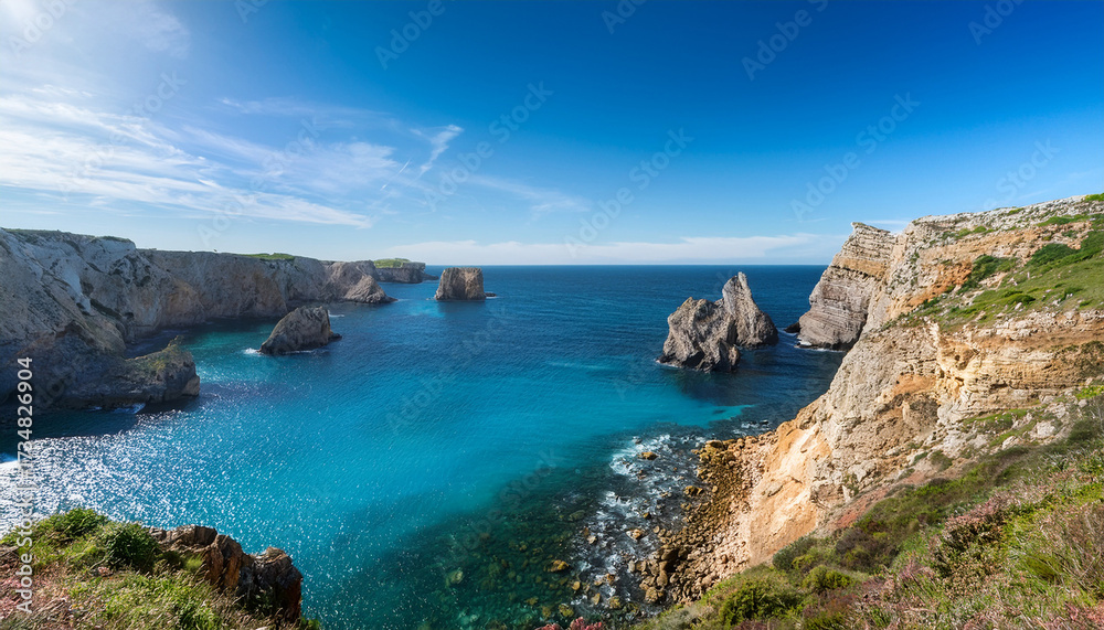 Fototapeta premium Majestic Coastal Landscape Featuring Towering Cliffs Vibrant Turquoise Waters And Rocky Formations Under A Bright Blue Sky Capturing The Essence Of Natural Beauty And Tranquility