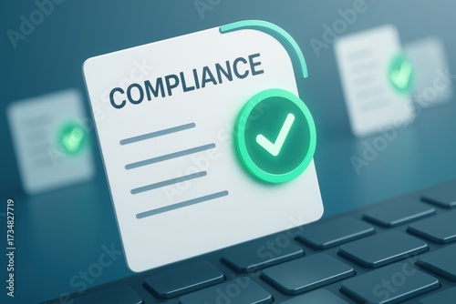 Digital compliance document with green approval checkmark above computer keyboard 
