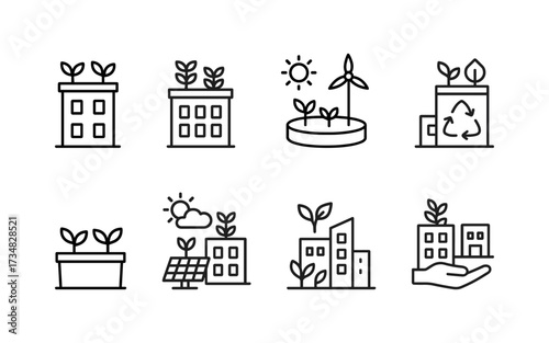 This collection of 10 urban sustainability vector icons highlights key elements of eco-friendly city living and green infrastructure.