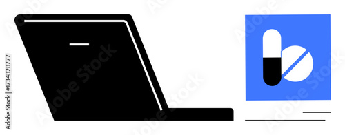 Laptop alongside medication graphic on screen, representing digital healthcare access. Ideal for telemedicine, e-prescription, online pharmacy, digital health, health tech, remote care, simple flat