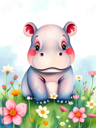 Watercolor painting of a cute baby hippo on a blooming meadow. Baby hippo. . Aquarelle illustration