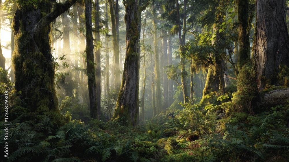 Obraz premium Misty Sunrise in Ancient Forest