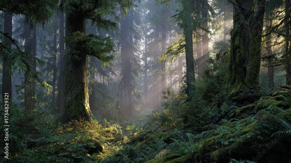 Obraz premium Misty Sunrise in Ancient Forest