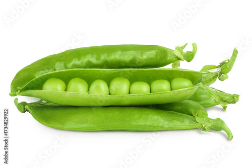 Foto Fresh green pea pod with beans isolated on white background