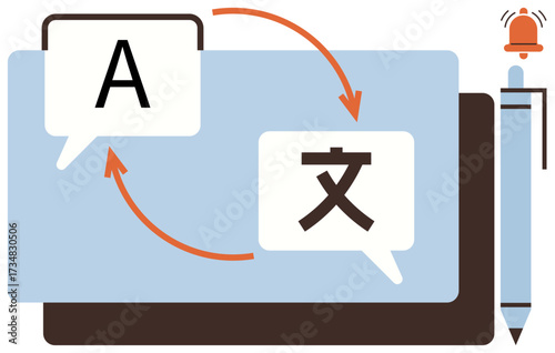 Two speech bubbles with arrows indicating language exchange, pen for note-taking, and notification alert. Ideal for communication, globalization, education, technology, collaboration, accessibility