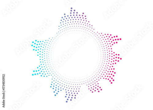 Bright neon radial sound wave in dotted circle. Vibrant glowing spectrum design. Vector illustration for modern digital concepts.