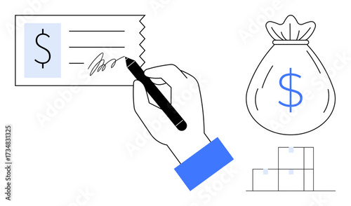 Hand writing on a check, dollar-marked money bag, and stacked boxes. Ideal for finance, banking, e-commerce, investments, trade cash flow and business concepts. Simple flat metaphor