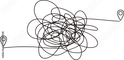 Black tangled line connecting location markers abstract path