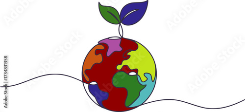 Colorful globe with sprouting leaves and wavy lines earth growth