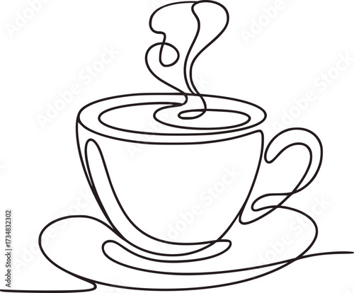 Steaming coffee cup with saucer drawn in continuous line style hot drink