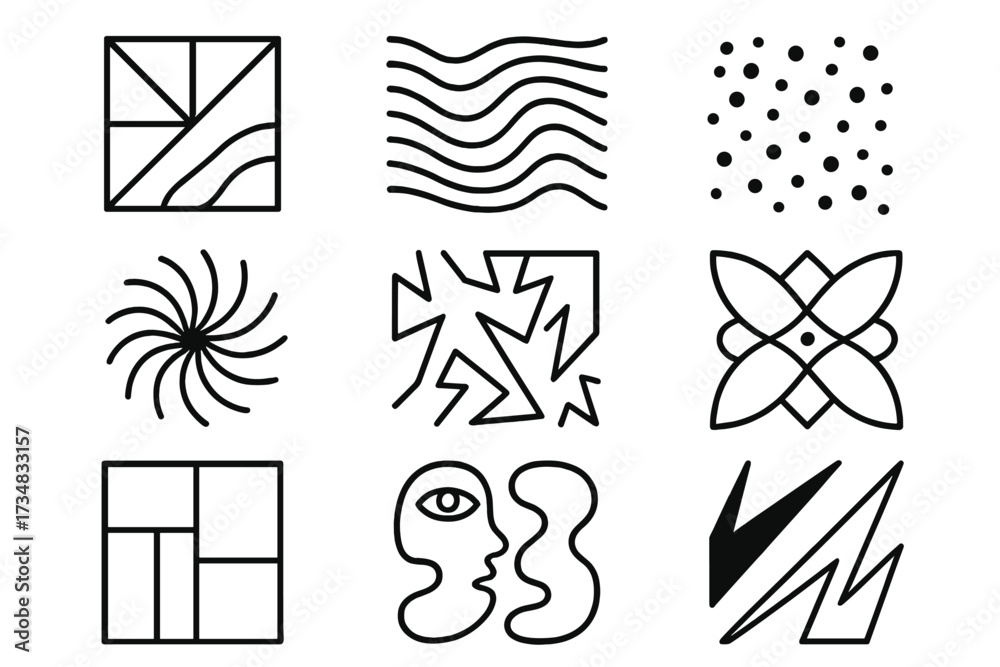 Fototapeta premium Abstract Street Art Icons. Line style icons of abstract street art: geometric pattern, flowing lines, dot clusters, spiral burst,