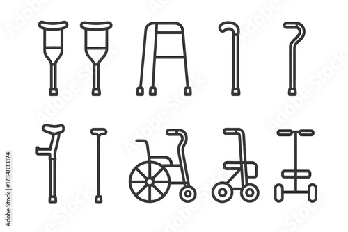 Mobility Aids Icons. Line style icons of mobility aids: crutches, walker, cane, wheelchair, walking stick, rollator, forearm