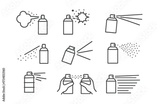 Expressive Spray Technique Icons. Line style icons of expressive spray techniques: wide burst, splatter hit, directional fade, mid
