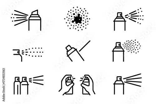 Expressive Spray Technique Icons. Line style icons of expressive spray techniques: wide burst, splatter hit, directional fade, mid
