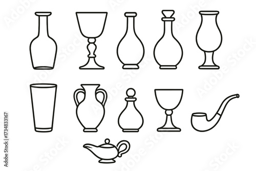 Line Icons of Glassware. Line style icons of historical glass items: Roman bottle, Venetian goblet, antique decanter, medieval
