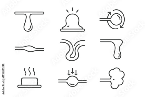 Molten Glass Dynamics. Line style icons of molten glass behavior: sagging form, soft glow, spinning bubble, stretch flow, color