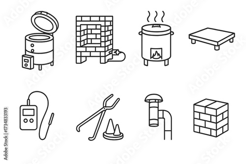 Line Style Kiln Icons. Line style icons of kilns and firing tools: electric kiln, gas kiln, raku kiln, kiln shelf, pyrometer, cone