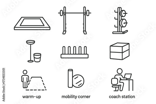 Training Space Icons. Line style icons of training space layout: platform setup, squat rack, plate tree, chalk station, bar holder