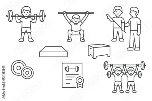 Youth Weightlifting Icons. Line style icons of youth weightlifting: youth barbell, beginner form, technique stick, coach and child