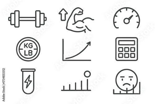 Strength Metrics Icons. Line style icons of strength measurements: load bar icon, one rep max, bar speed dial, kg/lb plate,
