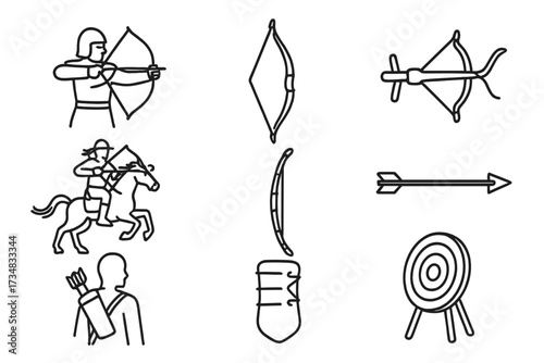 Historical Archery Icons. Line style icons of historical archery: medieval bowman, longbow icon, crossbow symbol, horse archer,
