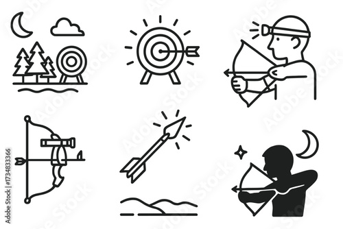 Night Archery Icons. Line style icons of nighttime archery: moonlit range, glowing target, headlamp archer, night vision bow,