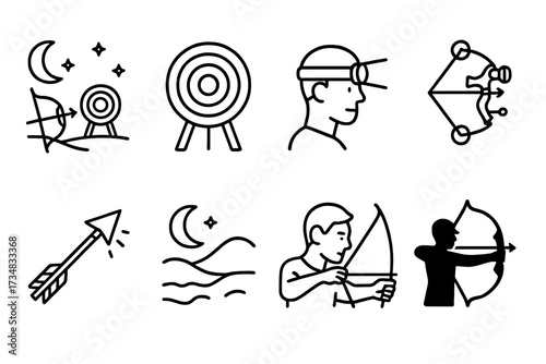 Night Archery Icons. Line style icons of nighttime archery: moonlit range, glowing target, headlamp archer, night vision bow,