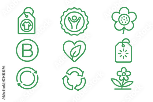 Green Fashion Icons. Line style icons of green fashion certifications: GOTS label, Fair Trade badge, OEKO-TEX icon, B Corp logo,