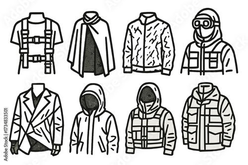Dystopian Fashion Icons. Line style icons of dystopian avant-garde looks: utility straps, dark cape, rugged textures, goggle mask,
